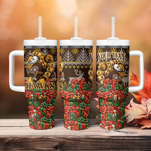 Personalized Hawks Football Christmas Tumbler With Handle Australian Football Mascot - Ugly Xmas Pattern Festive
