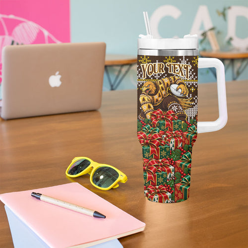 Personalized Hawks Football Christmas Tumbler With Handle Australian Football Mascot - Ugly Xmas Pattern Festive