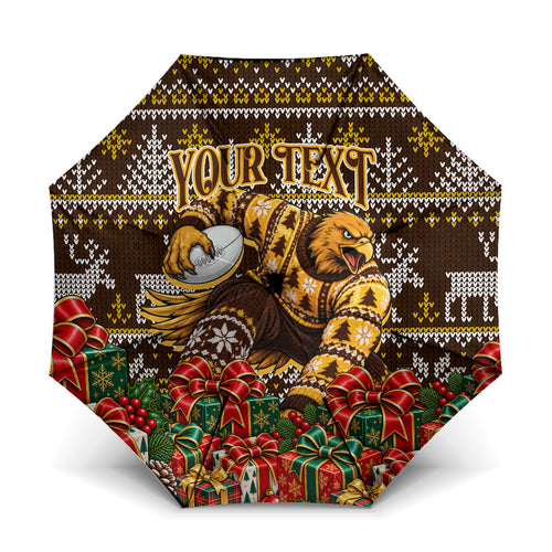 Personalized Hawks Football Christmas Umbrella Australian Football Mascot - Ugly Xmas Pattern Festive