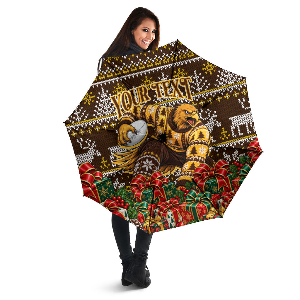 Personalized Hawks Football Christmas Umbrella Australian Football Mascot - Ugly Xmas Pattern Festive