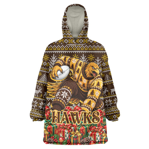 Personalized Hawks Football Christmas Wearable Blanket Hoodie Australian Football Mascot - Ugly Xmas Pattern Festive