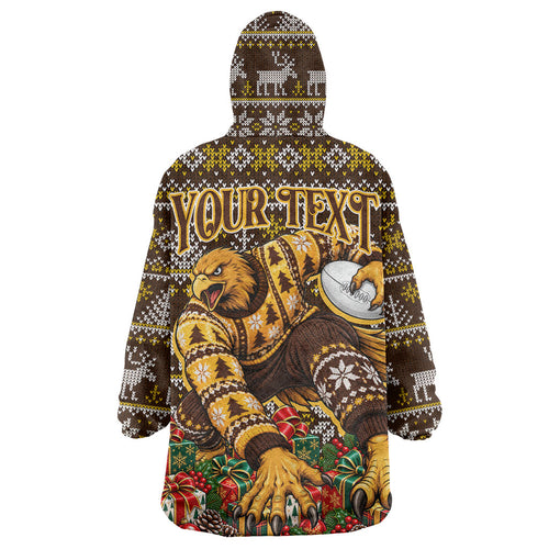 Personalized Hawks Football Christmas Wearable Blanket Hoodie Australian Football Mascot - Ugly Xmas Pattern Festive