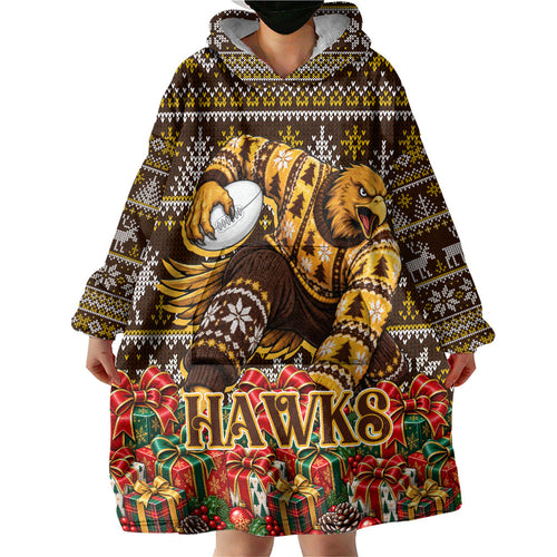 Personalized Hawks Football Christmas Wearable Blanket Hoodie Australian Football Mascot - Ugly Xmas Pattern Festive