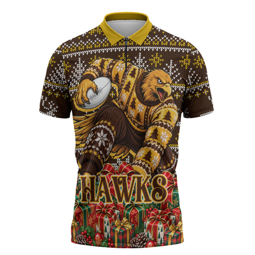 Personalized Hawks Football Christmas Zipper Polo Shirt Australian Football Mascot - Ugly Xmas Pattern Festive