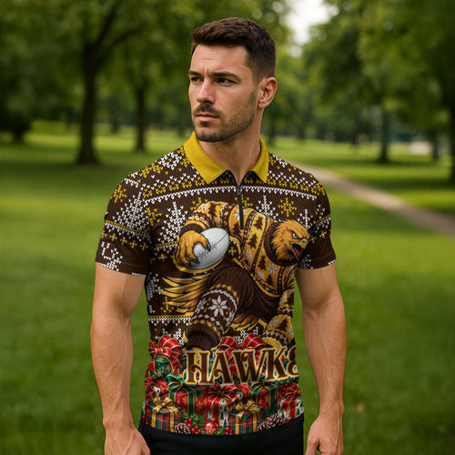 Personalized Hawks Football Christmas Zipper Polo Shirt Australian Football Mascot - Ugly Xmas Pattern Festive