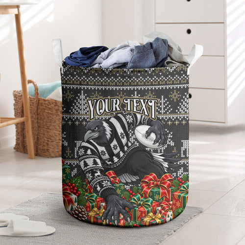 Personalized Magpies Football Christmas Laundry Basket Australian Football Mascot - Ugly Xmas Pattern Festive
