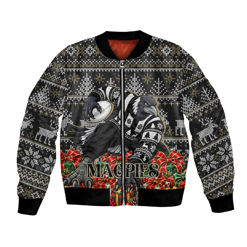 Personalized Magpies Football Christmas Bomber Jacket Australian Football Mascot - Ugly Xmas Pattern Festive