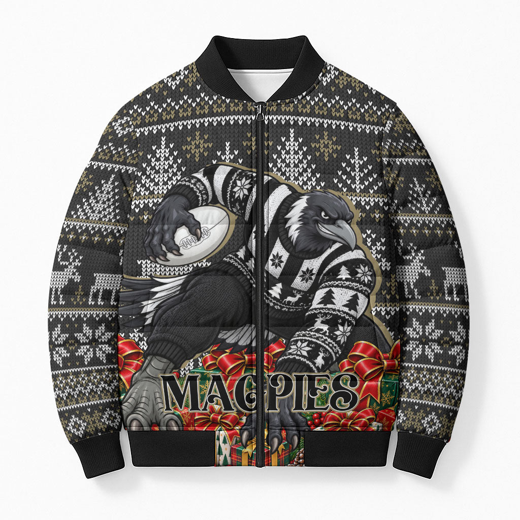 Personalized Magpies Football Christmas Bomber Puffer Jacket Australian Football Mascot - Ugly Xmas Pattern Festive
