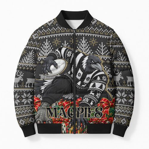 Personalized Magpies Football Christmas Bomber Puffer Jacket Australian Football Mascot - Ugly Xmas Pattern Festive