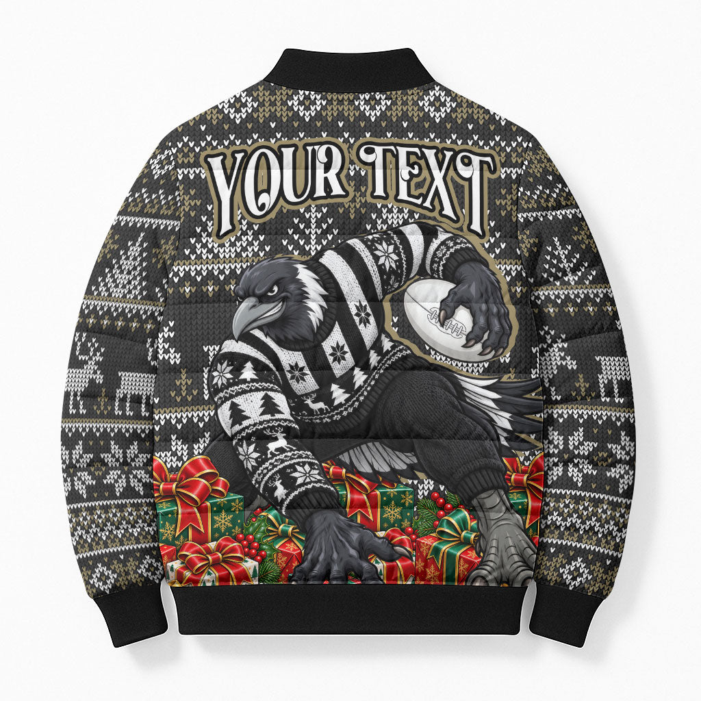 Personalized Magpies Football Christmas Bomber Puffer Jacket Australian Football Mascot - Ugly Xmas Pattern Festive