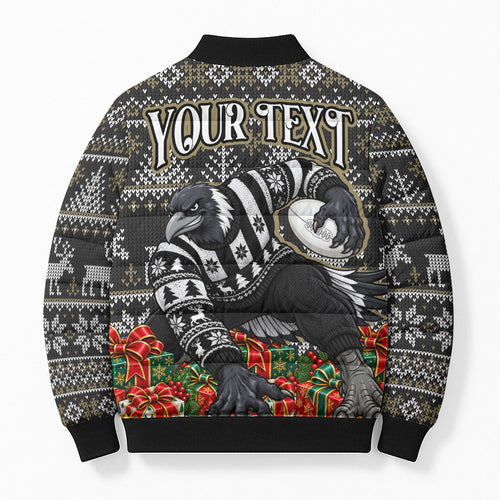 Personalized Magpies Football Christmas Bomber Puffer Jacket Australian Football Mascot - Ugly Xmas Pattern Festive