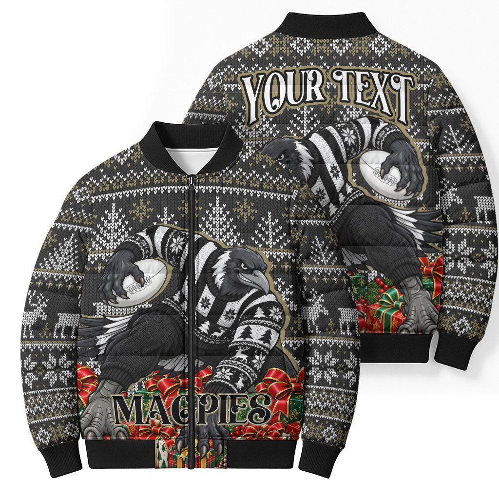 Personalized Magpies Football Christmas Bomber Puffer Jacket Australian Football Mascot - Ugly Xmas Pattern Festive