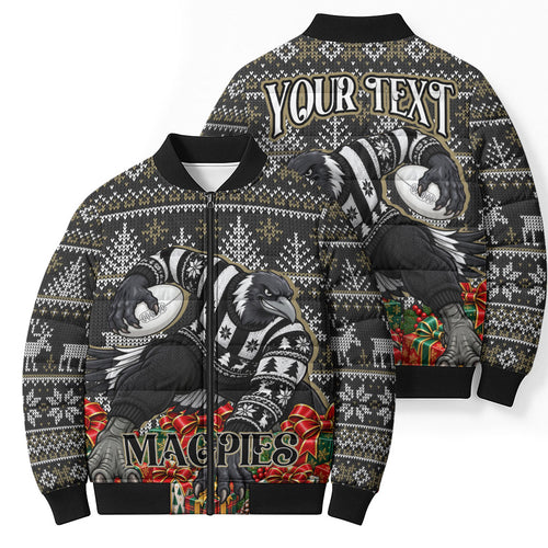 Personalized Magpies Football Christmas Bomber Puffer Jacket Australian Football Mascot - Ugly Xmas Pattern Festive
