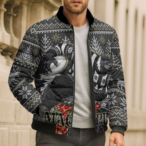 Personalized Magpies Football Christmas Bomber Puffer Jacket Australian Football Mascot - Ugly Xmas Pattern Festive