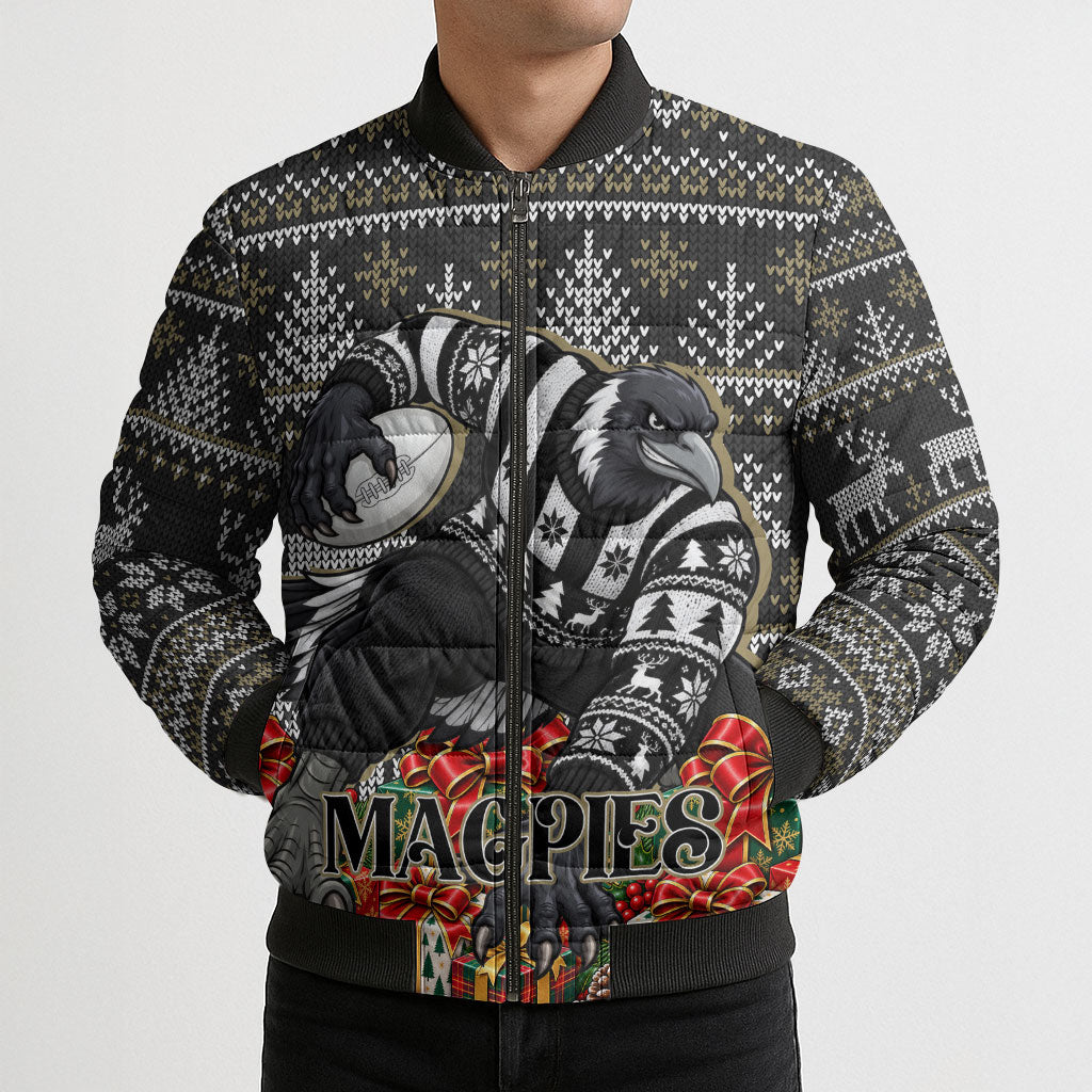 Personalized Magpies Football Christmas Bomber Puffer Jacket Australian Football Mascot - Ugly Xmas Pattern Festive