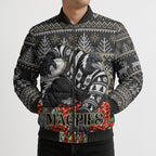 Personalized Magpies Football Christmas Bomber Puffer Jacket Australian Football Mascot - Ugly Xmas Pattern Festive