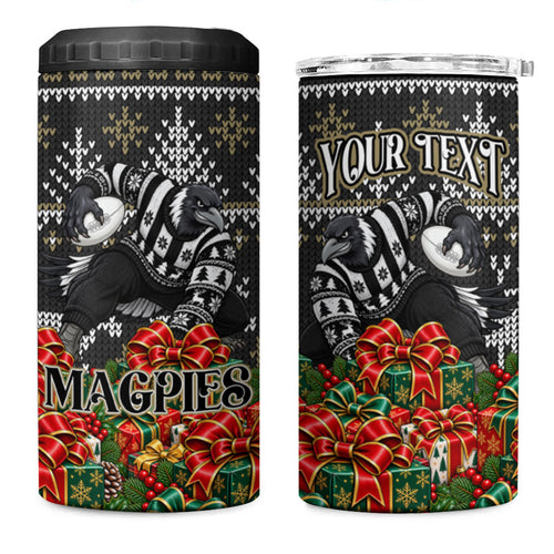 Personalized Magpies Football Christmas 4 in 1 Can Cooler Tumbler Australian Football Mascot - Ugly Xmas Pattern Festive