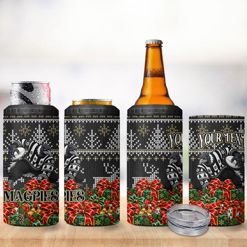 Personalized Magpies Football Christmas 4 in 1 Can Cooler Tumbler Australian Football Mascot - Ugly Xmas Pattern Festive