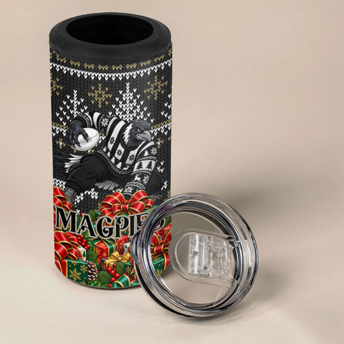 Personalized Magpies Football Christmas 4 in 1 Can Cooler Tumbler Australian Football Mascot - Ugly Xmas Pattern Festive