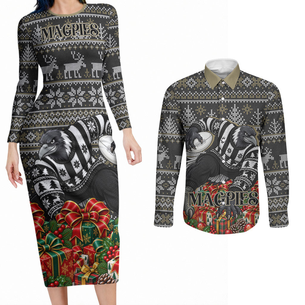 Personalized Magpies Football Christmas Couples Matching Long Sleeve Bodycon Dress and Long Sleeve Button Shirt Australian Football Mascot - Ugly Xmas Pattern Festive