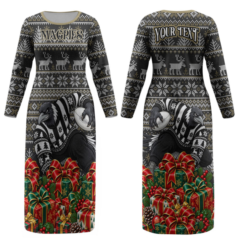 Personalized Magpies Football Christmas Couples Matching Long Sleeve Bodycon Dress and Long Sleeve Button Shirt Australian Football Mascot - Ugly Xmas Pattern Festive