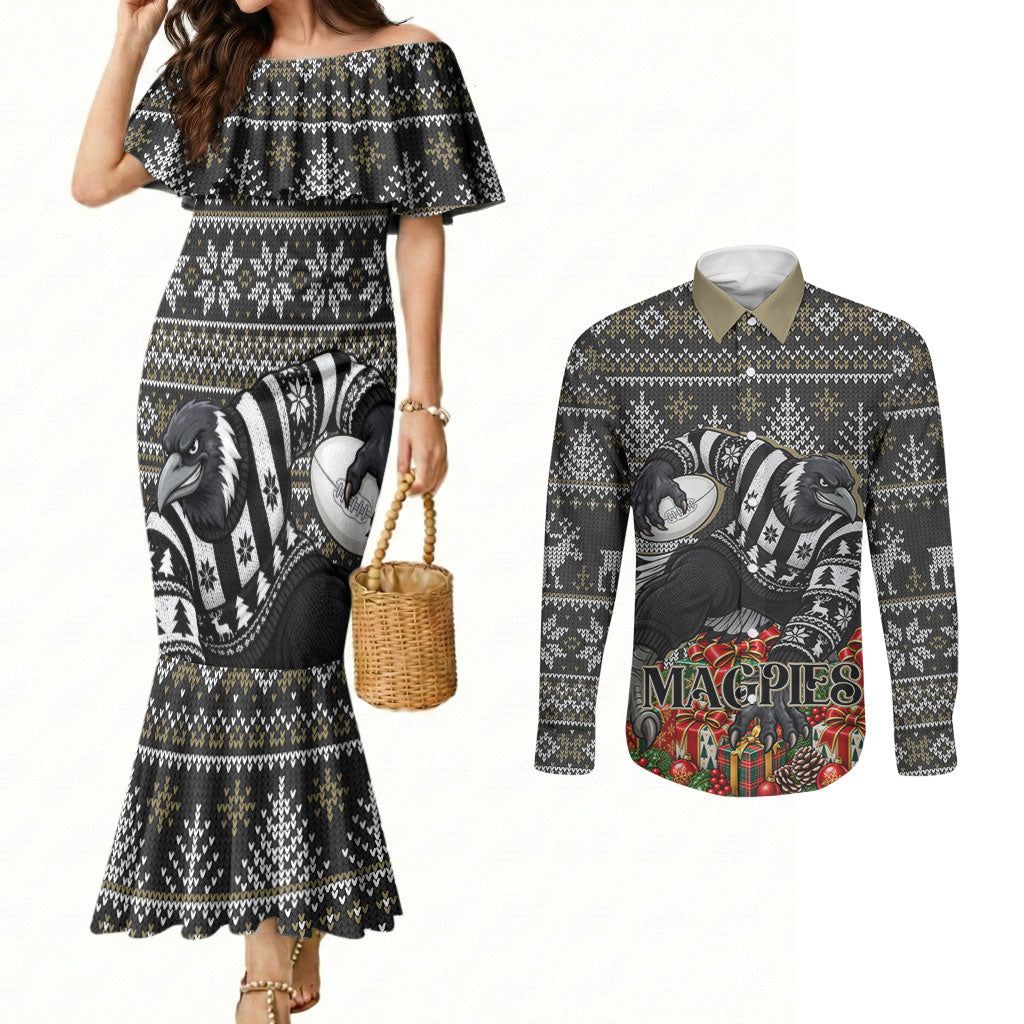 Personalized Magpies Football Christmas Couples Matching Mermaid Dress and Long Sleeve Button Shirt Australian Football Mascot - Ugly Xmas Pattern Festive