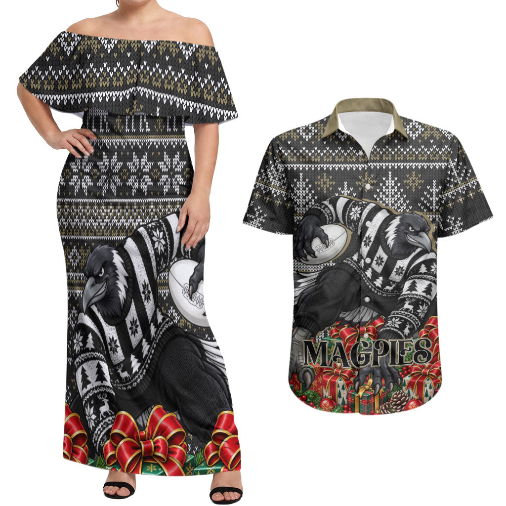 Personalized Magpies Football Christmas Couples Matching Off Shoulder Maxi Dress and Hawaiian Shirt Australian Football Mascot - Ugly Xmas Pattern Festive