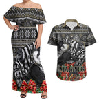 Personalized Magpies Football Christmas Couples Matching Off Shoulder Maxi Dress and Hawaiian Shirt Australian Football Mascot - Ugly Xmas Pattern Festive