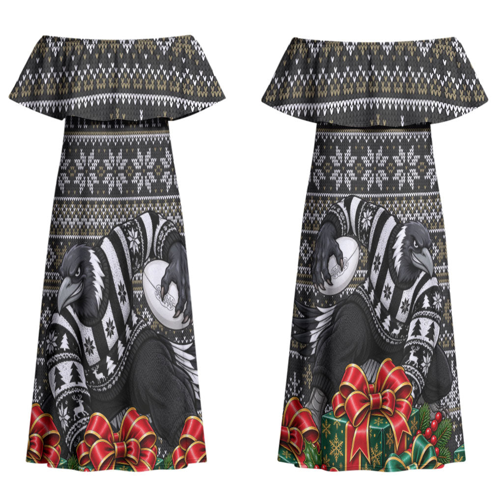 Personalized Magpies Football Christmas Couples Matching Off Shoulder Maxi Dress and Hawaiian Shirt Australian Football Mascot - Ugly Xmas Pattern Festive