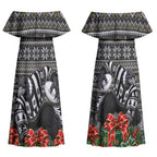 Personalized Magpies Football Christmas Couples Matching Off Shoulder Maxi Dress and Hawaiian Shirt Australian Football Mascot - Ugly Xmas Pattern Festive