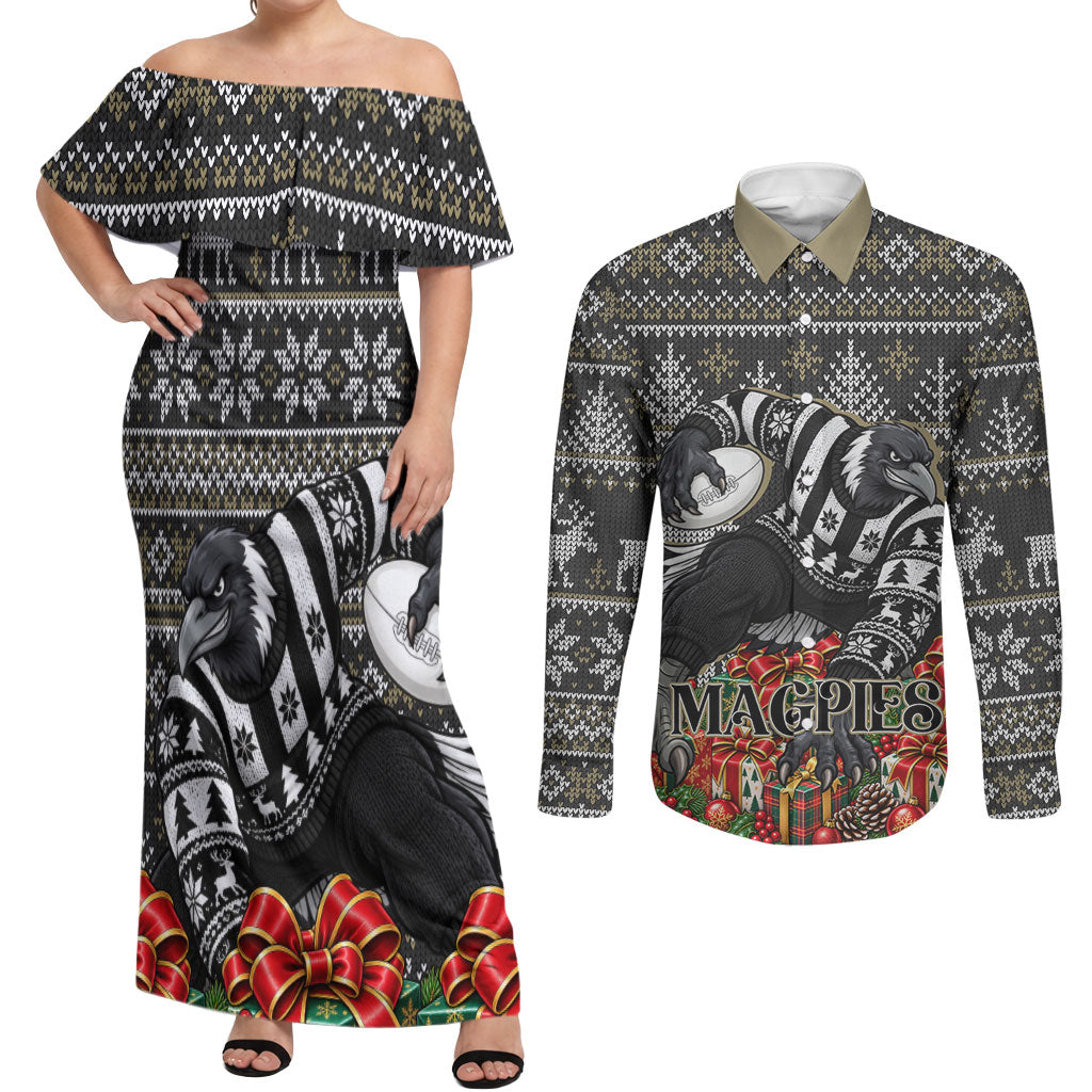 Personalized Magpies Football Christmas Couples Matching Off Shoulder Maxi Dress and Long Sleeve Button Shirt Australian Football Mascot - Ugly Xmas Pattern Festive