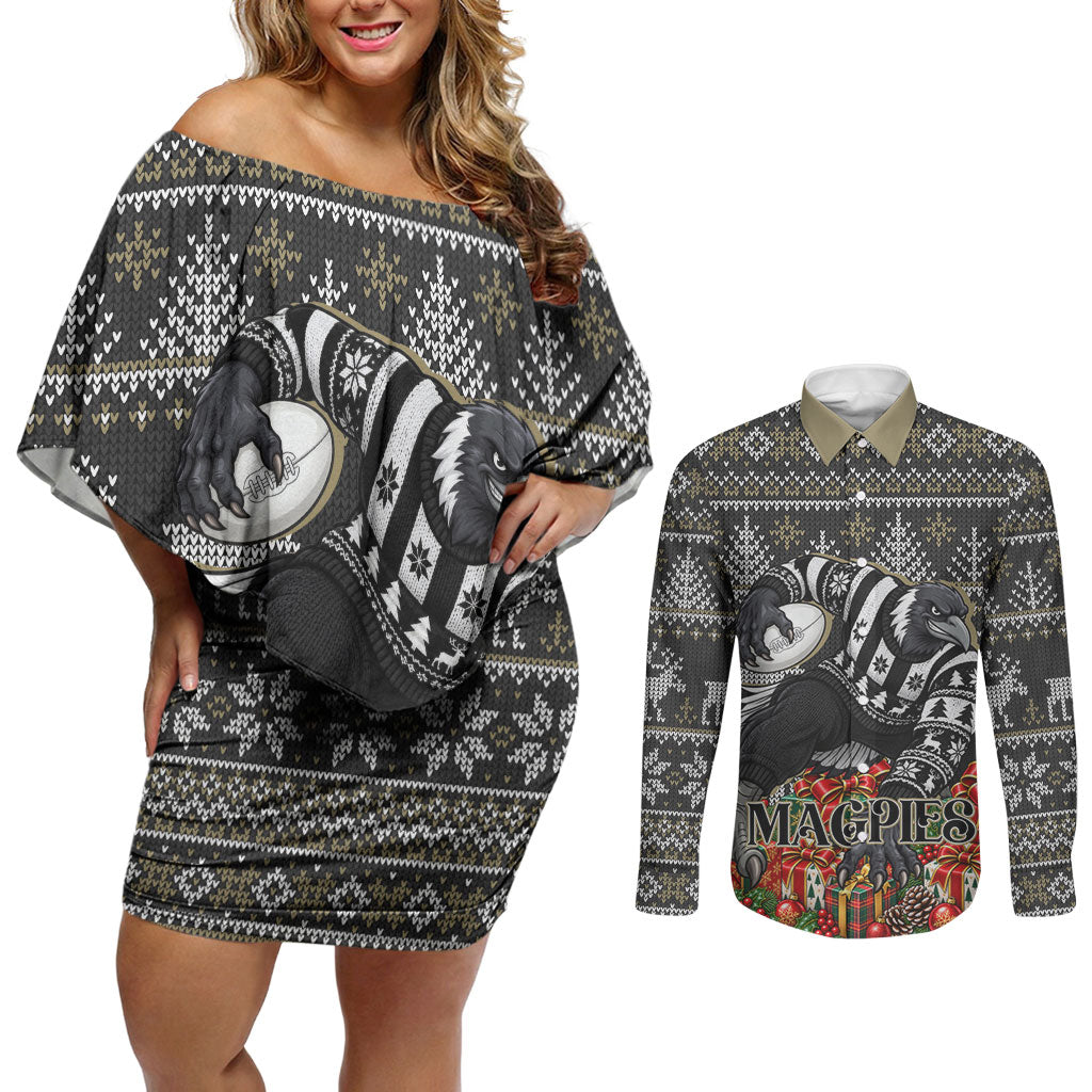 Personalized Magpies Football Christmas Couples Matching Off Shoulder Short Dress and Long Sleeve Button Shirt Australian Football Mascot - Ugly Xmas Pattern Festive