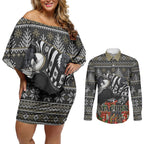 Personalized Magpies Football Christmas Couples Matching Off Shoulder Short Dress and Long Sleeve Button Shirt Australian Football Mascot - Ugly Xmas Pattern Festive