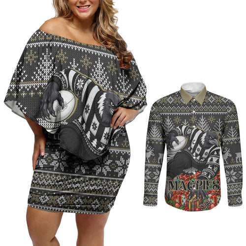 Personalized Magpies Football Christmas Couples Matching Off Shoulder Short Dress and Long Sleeve Button Shirt Australian Football Mascot - Ugly Xmas Pattern Festive