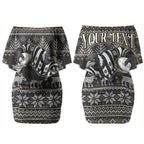 Personalized Magpies Football Christmas Couples Matching Off Shoulder Short Dress and Long Sleeve Button Shirt Australian Football Mascot - Ugly Xmas Pattern Festive