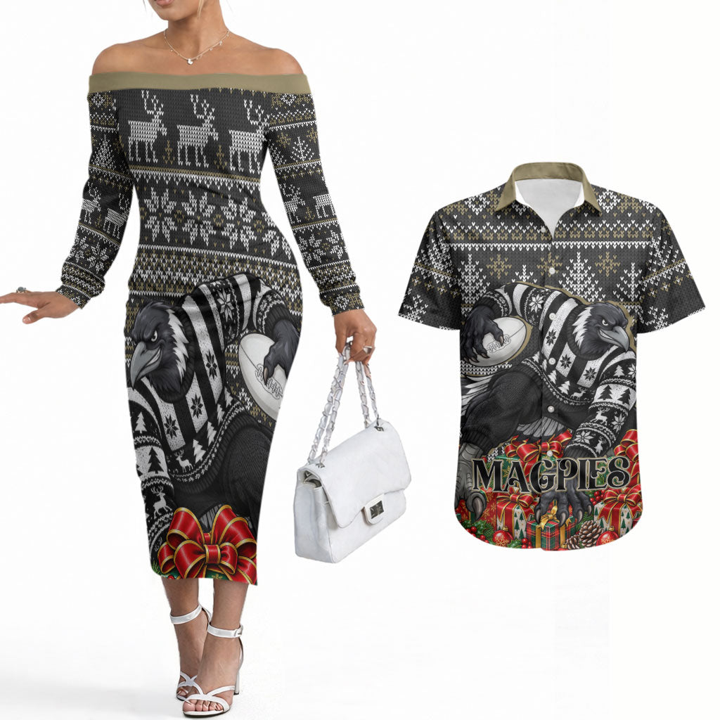 Personalized Magpies Football Christmas Couples Matching Off The Shoulder Long Sleeve Dress and Hawaiian Shirt Australian Football Mascot - Ugly Xmas Pattern Festive