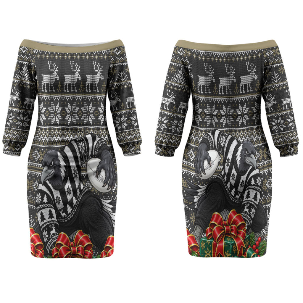 Personalized Magpies Football Christmas Couples Matching Off The Shoulder Long Sleeve Dress and Hawaiian Shirt Australian Football Mascot - Ugly Xmas Pattern Festive