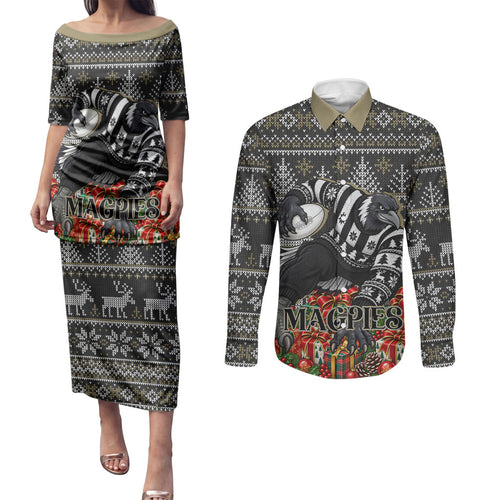 Personalized Magpies Football Christmas Couples Matching Puletasi and Long Sleeve Button Shirt Australian Football Mascot - Ugly Xmas Pattern Festive