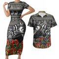 Personalized Magpies Football Christmas Couples Matching Short Sleeve Bodycon Dress and Hawaiian Shirt Australian Football Mascot - Ugly Xmas Pattern Festive