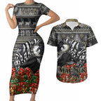 Personalized Magpies Football Christmas Couples Matching Short Sleeve Bodycon Dress and Hawaiian Shirt Australian Football Mascot - Ugly Xmas Pattern Festive