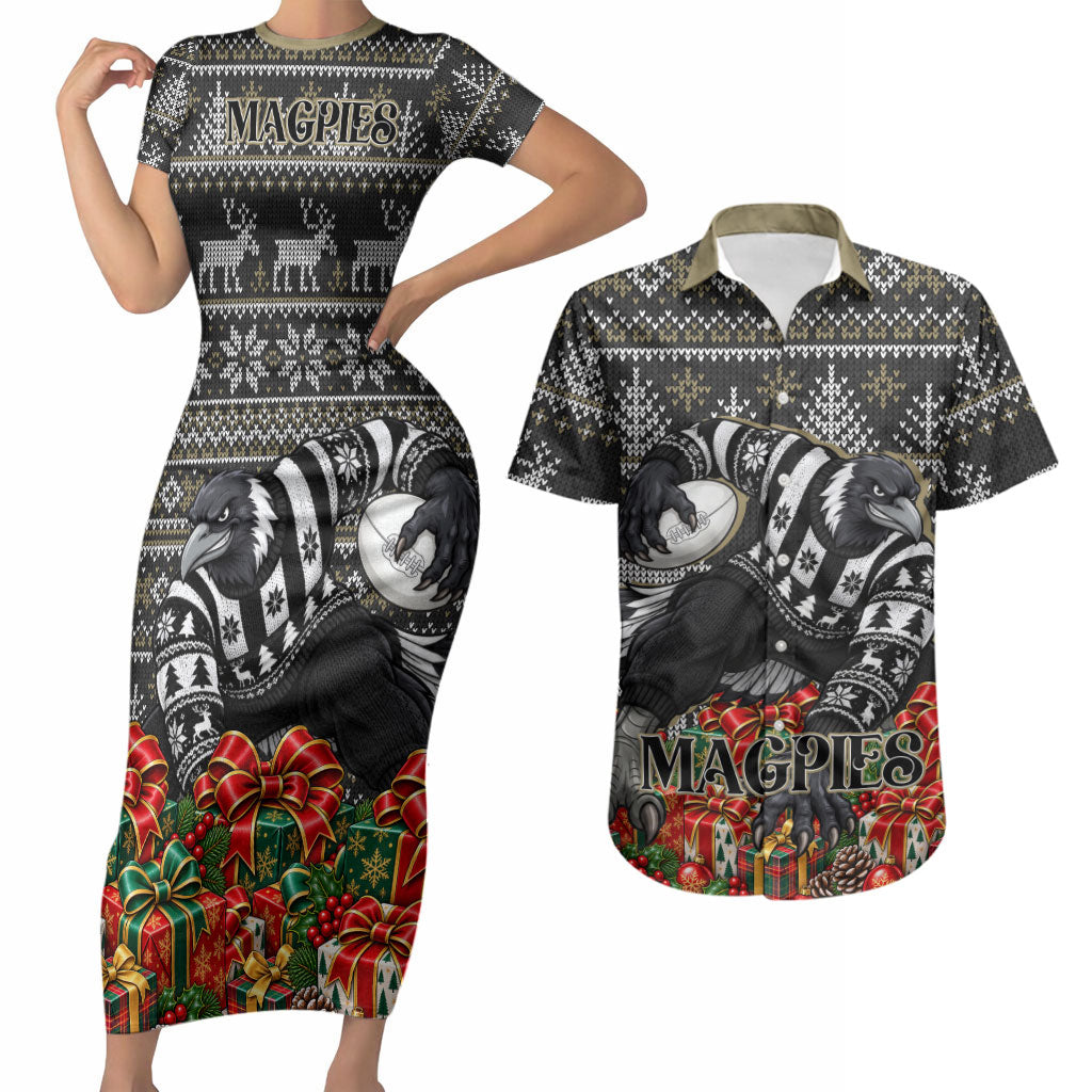 Personalized Magpies Football Christmas Couples Matching Short Sleeve Bodycon Dress and Hawaiian Shirt Australian Football Mascot - Ugly Xmas Pattern Festive