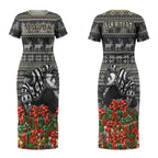 Personalized Magpies Football Christmas Couples Matching Short Sleeve Bodycon Dress and Hawaiian Shirt Australian Football Mascot - Ugly Xmas Pattern Festive