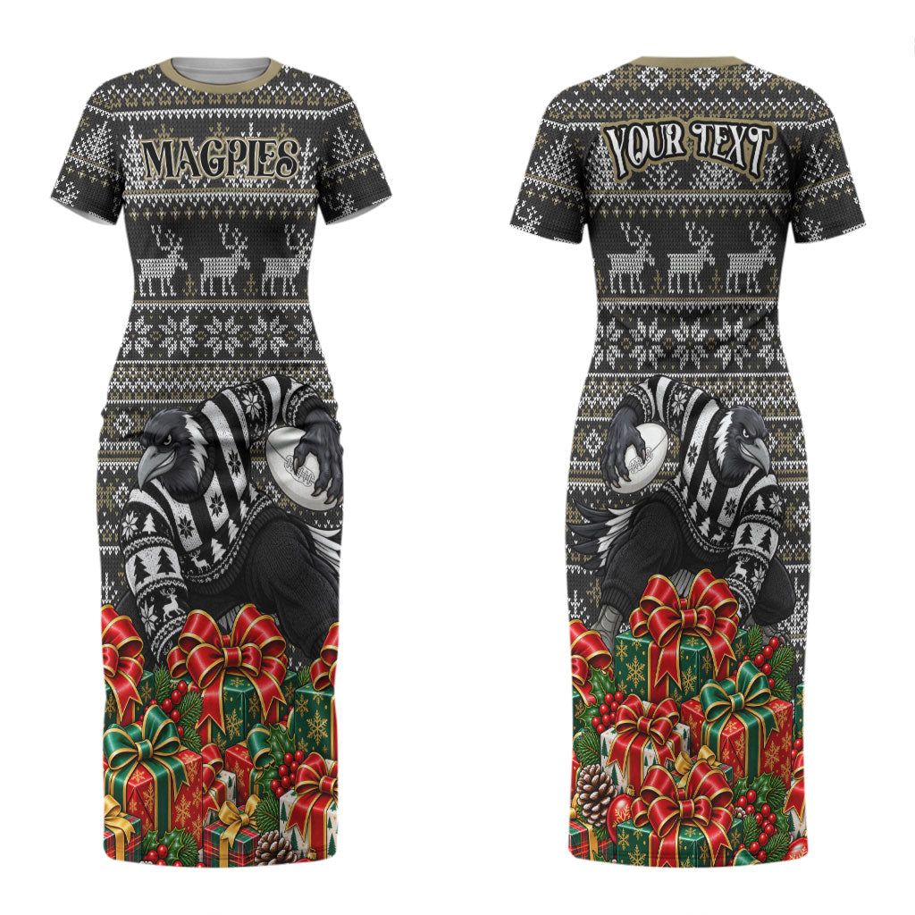 Personalized Magpies Football Christmas Couples Matching Short Sleeve Bodycon Dress and Hawaiian Shirt Australian Football Mascot - Ugly Xmas Pattern Festive