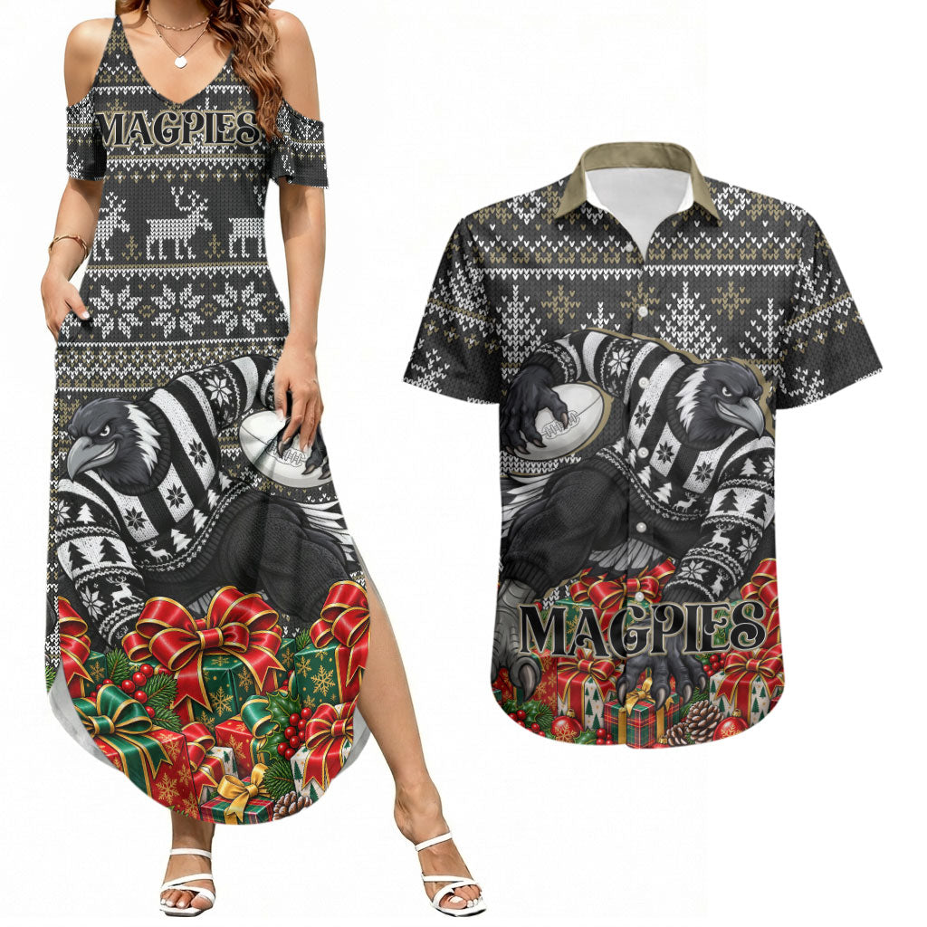 Personalized Magpies Football Christmas Couples Matching Summer Maxi Dress and Hawaiian Shirt Australian Football Mascot - Ugly Xmas Pattern Festive