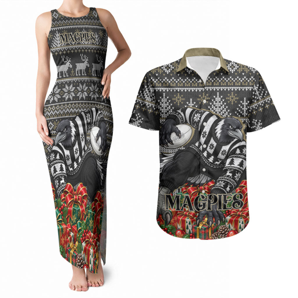 Personalized Magpies Football Christmas Couples Matching Tank Maxi Dress and Hawaiian Shirt Australian Football Mascot - Ugly Xmas Pattern Festive