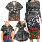 Personalized Magpies Football Christmas Family Matching Long Sleeve Bodycon Dress and Hawaiian Shirt Australian Football Mascot - Ugly Xmas Pattern Festive