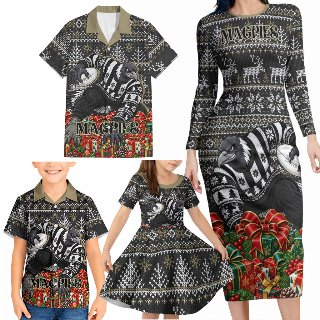Personalized Magpies Football Christmas Family Matching Long Sleeve Bodycon Dress and Hawaiian Shirt Australian Football Mascot - Ugly Xmas Pattern Festive