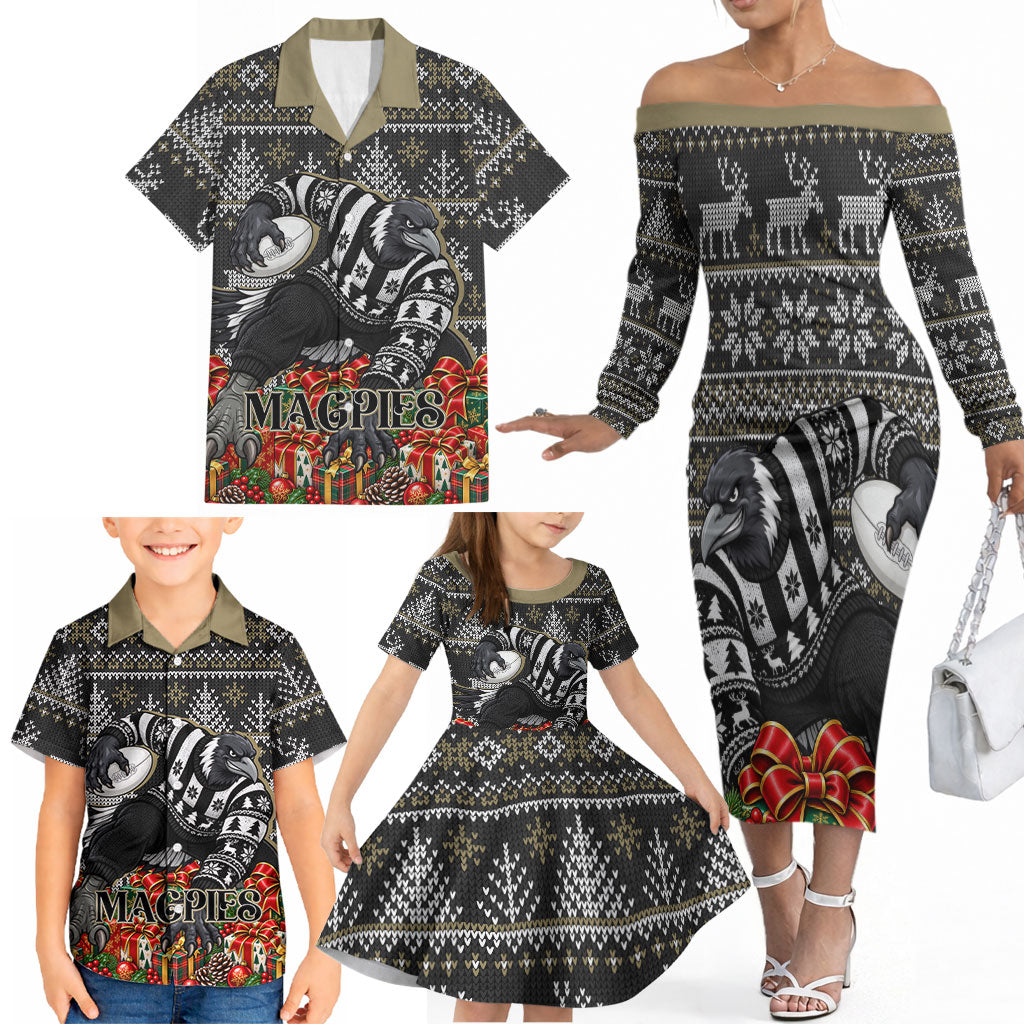 Personalized Magpies Football Christmas Family Matching Off The Shoulder Long Sleeve Dress and Hawaiian Shirt Australian Football Mascot - Ugly Xmas Pattern Festive