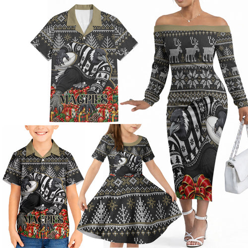 Personalized Magpies Football Christmas Family Matching Off The Shoulder Long Sleeve Dress and Hawaiian Shirt Australian Football Mascot - Ugly Xmas Pattern Festive