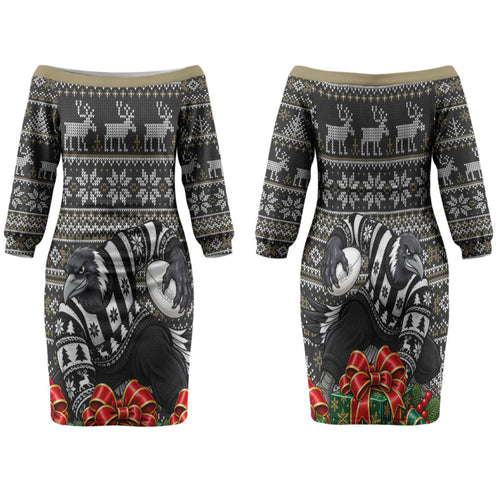 Personalized Magpies Football Christmas Family Matching Off The Shoulder Long Sleeve Dress and Hawaiian Shirt Australian Football Mascot - Ugly Xmas Pattern Festive